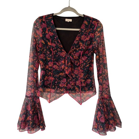 Promesa Fabulous Flowers Floral-Print Mesh Bell-Sleeve Top Sheer V-Neck Tie-Fron - Picture 2 of 16